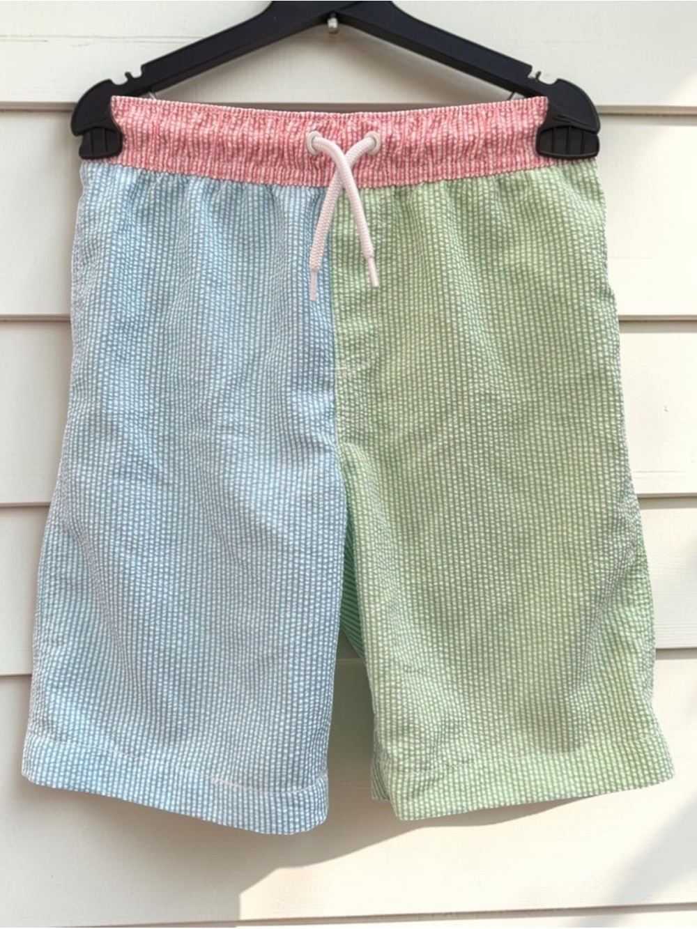 Lands' End Kids Colorblock Seersucker Swim Trunks in Pink, Blue & Green